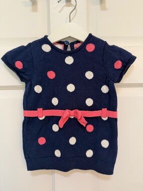 First Impressions Navy Polka Dot Dress with Pink Accents 100% Cotton